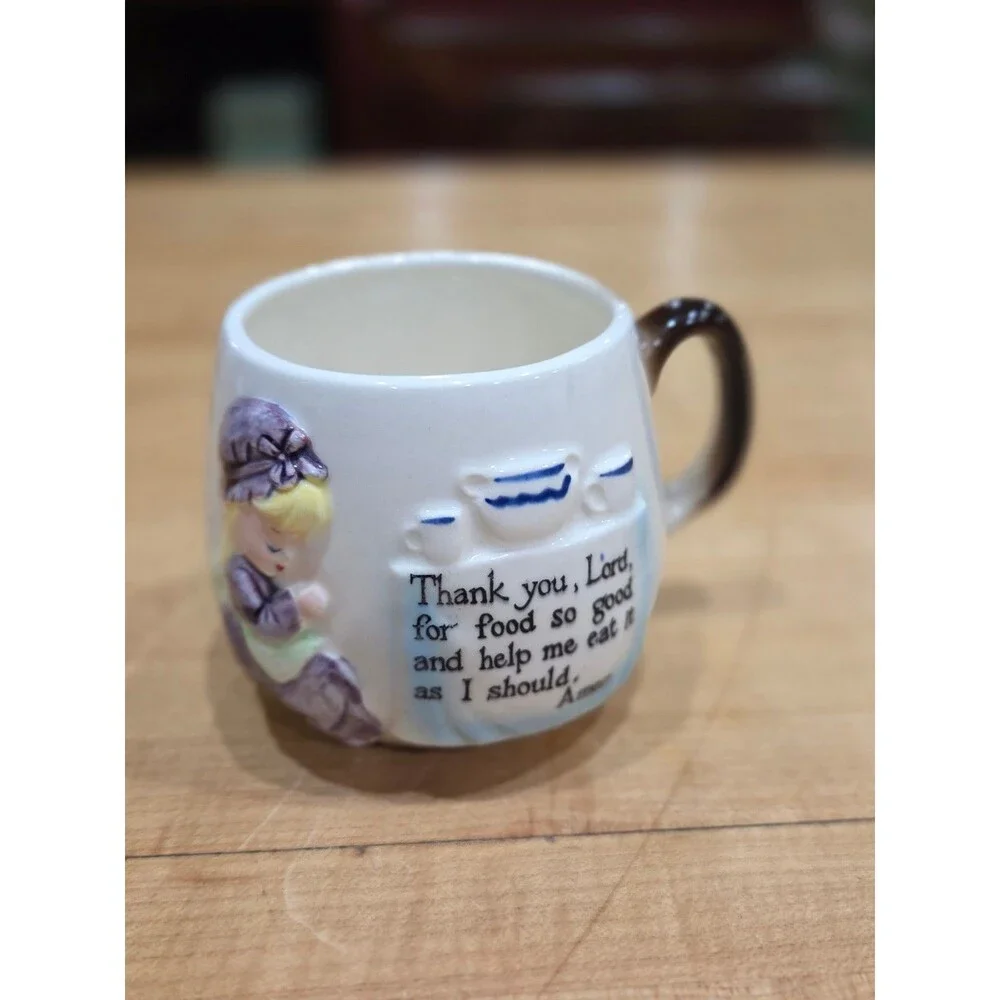 Vintage Enesco Ceramic Childrens Dinner Prayer Mug Girl in Bonnet